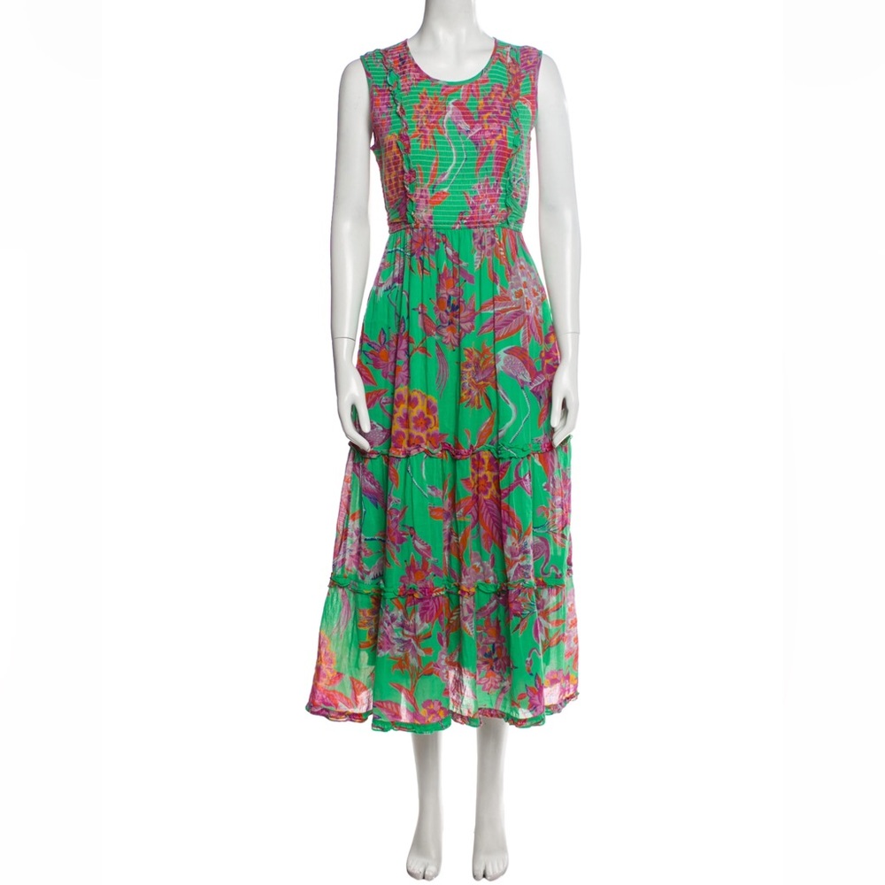 Banjanan Isha Midi Dress in Flamingo Rhododendron Green. Size Small